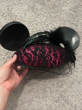 Disney Mickey Ears Black Lace and Fuchsia Feathered Fascinator Hat